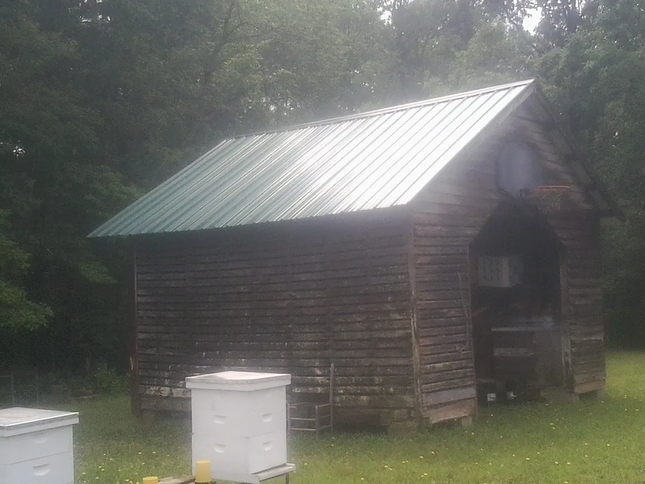 Green metal roof on a weathered barn beside stacked beehives in Bay Village
